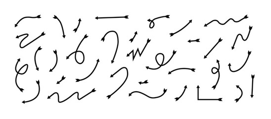 Set of Hand Drawn Black Arrows and Pointers in Different Styles and Directions on White Background