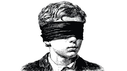 Young Boy Wearing Black Blindfold Vector - Professional Isolated Outline Design