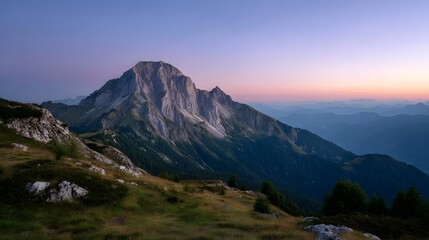 Naklejka premium Majestic mountain peak at twilight with soft sky colors and layered distant ranges