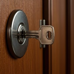 A close-up shot of a metallic key being inserted into a lock cylinder on a wooden door, emphasizing security and access ,key ,lock ,office