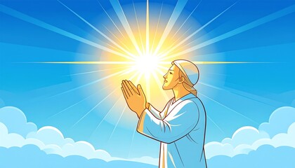 Person facing sky, hands clasped in prayer. Bright sunlight beaming from above, partially obscured by clouds