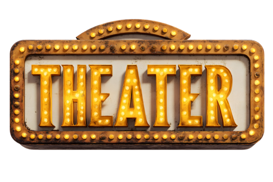 Retro theater marquee sign with illuminated bulbs in vintage style
