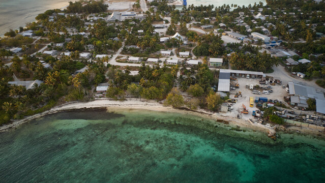An aerial view of the island of Kiribati in the central Pacific Ocean.