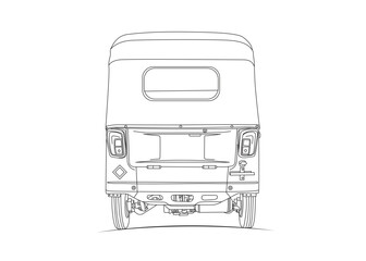 Clean line art illustration of a CNG auto rickshaw back view.
Minimal vector drawing ideal for transport design, city mobility projects, or automotive concept artworks.