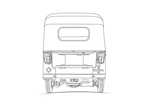 Clean line art illustration of a CNG auto rickshaw back view.
Minimal vector drawing ideal for transport design, city mobility projects, or automotive concept artworks.