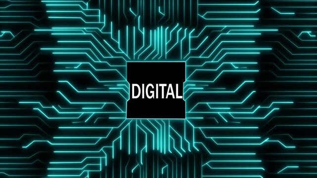 Digital technology concept featuring a glowing blue circuit board pattern with the word digital in the center, symbolizing innovation, connectivity, and advanced solutions
