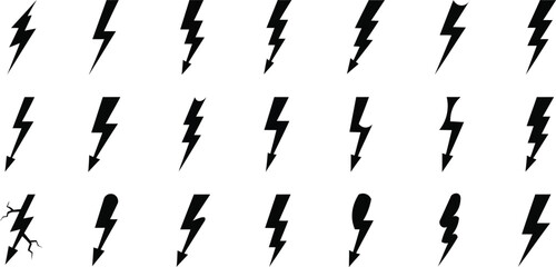 Set of lightning bolt, flash, thunder symbol abstract shape. Collection of vector illustration isolated with various design on white background.