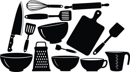 Black silhouette of kitchen utensils for baking cooking and food preparation