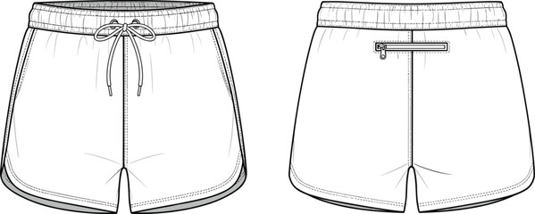 Technical fashion illustration athletic shorts front back view, sportswear design sketch, running shorts drawing, garment flat sketch, vector apparel template, activewear