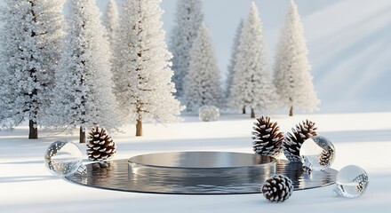 Winter wonderland scene with silver podium and snowy pine trees landscape