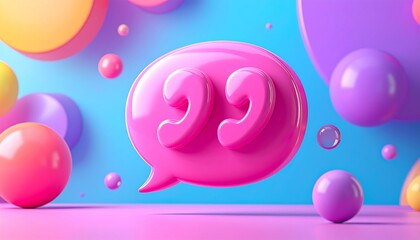 Pink quote bubble on a colorful background of spheres, in shades of blue, pink, purple, and yellow