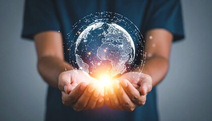Person holding a glowing globe encompassed in a network of connected dots with focus on the palms of their hands
