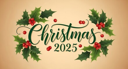 Festive christmas 2025 design with holly berries and elegant typography