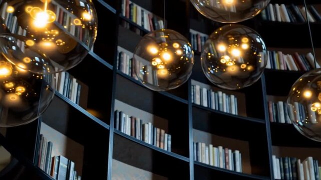 Warm ambient light illuminates a modern library, cozy atmosphere with curved bookshelves, perfect setting for literary events or quiet reading moments