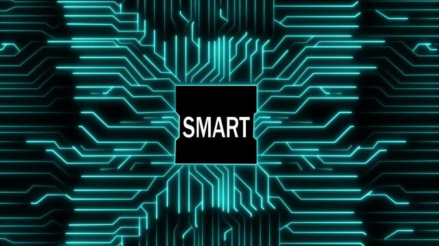Smart technology concept featuring a glowing blue circuit board pattern with the word smart in the center, symbolizing innovation, connectivity, and advanced digital solutions