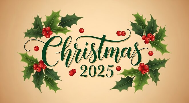 Festive christmas 2025 design with holly berries and elegant typography - Powered by Adobe