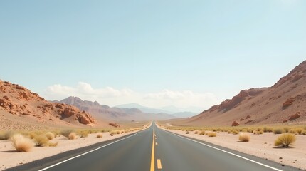 Scenic desert highway stretches toward distant mountains under a vast, open sky inspiring wanderlust