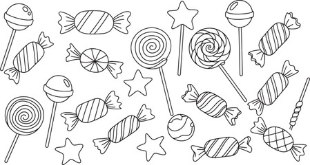 Collection of black and white candies and lollipops line art