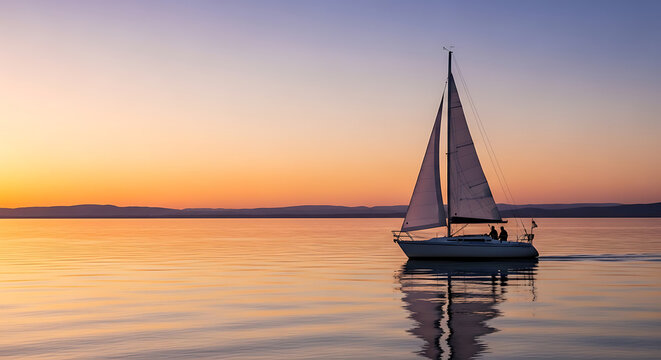 A sailboat sailing on calm water during sunset with a reflection and distant mountains on the horizon - Powered by Adobe