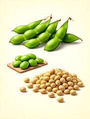Fresh edamame pods and shelled soybeans on a light background