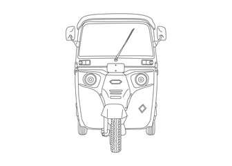 Clean line art illustration of a CNG auto rickshaw front view.
Minimal vector drawing ideal for transport design, city mobility projects, or automotive concept artworks.