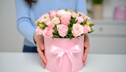 Person holding a pink, round box filled with pink roses tied with a pink ribbon, on a white table