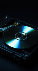 A close-up view of a shimmering optical disc resting in an open drive tray, highlighting data storage innovation ,information technology ,media ,software