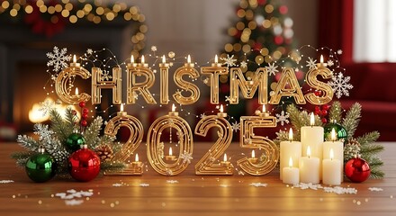 Elegant gold christmas 2025 display with ornaments and candles decor