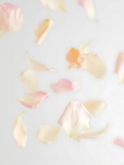 Soft pastel colored flower petals floating gently on a light background