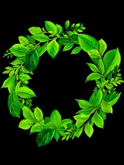 Vibrant green leaves form a circular wreath on a black background