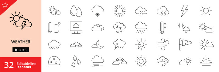Naklejka premium Weather icons set. Includes symbols of sun, clouds, rain, snow, storms, wind, and temperature. Editable stroke. Vector illustration. Outline icons. Perfect for nature, and climate projects.