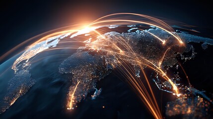 Global network connections over Earth representing international communication and data transfer with glowing lines over continents