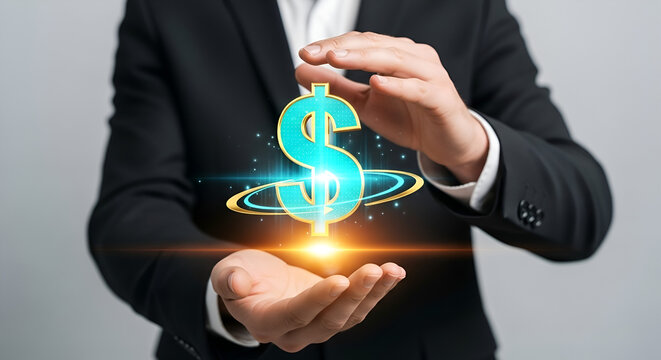 A man in a suit's hands in a protective gesture over a glowing digital dollar icon, symbolizing financial security and the protection of digital assets