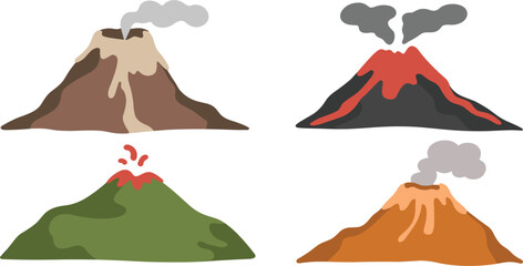 Cartoon Volcano Vector Set, Dormant, Active, and Erupting Mountains, Lava, Smoke, and Ash Cloud Illustration