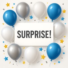 Surprise word surrounded by balloons and confetti celebration