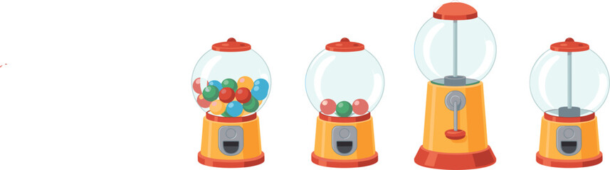 Retro Gumball Vending Machine Vector Set, Candy Dispenser, Bubble Gum Balls, Fortune, and Childhood Treat Graphic