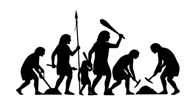 Primitive human group using tools, depicting early labor and life
