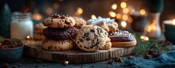 panoramic christmas cookies arrangement on rustic wooden table, golden lights, soft festive glow, premium cozy style
