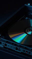 A close-up view of a shimmering optical disc resting in an open drive tray, highlighting data storage innovation ,technology ,computer hardware ,entertainment