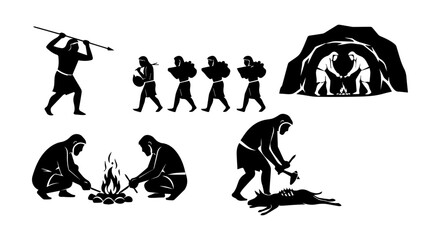 Prehistoric human activities, ancient hunter-gatherer lifestyle set.