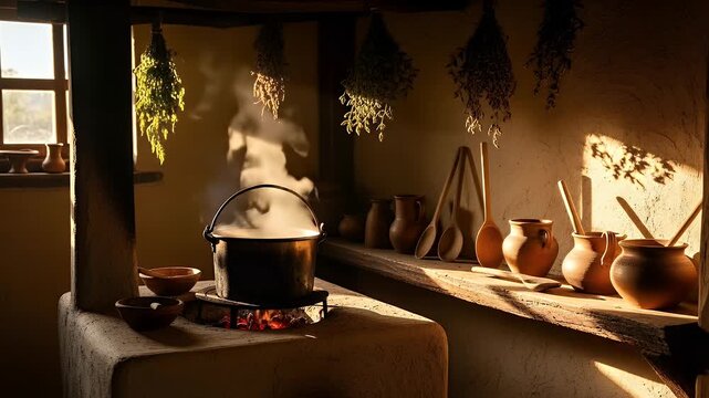 Traditional Mud Stove and Earthenware in a Rustic Village Kitchen