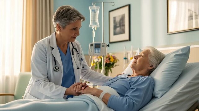 Doctor comforting senior patient in hospital bed with empathy and care