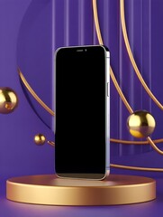 Modern smartphone displayed on a golden pedestal with abstract purple background