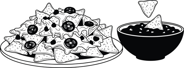 Delicious nachos with cheese and toppings served with salsa bowl