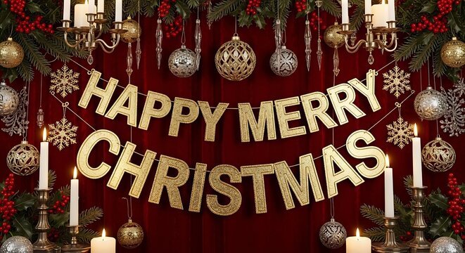 Happy merry greeting banner with ornaments and burning candles decoration - Powered by Adobe