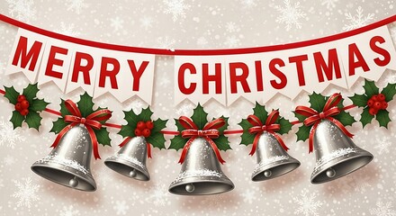 Merry christmas banner with silver bells and holiday decorations