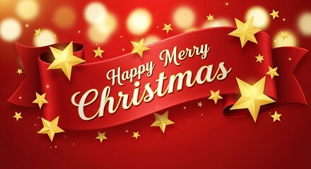Happy merry christmas banner with golden stars on red background