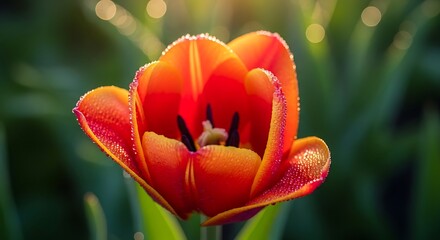 Close-up of a vibrant orange tulip with dew drops in soft morning light.