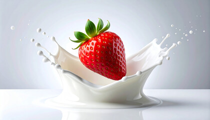 A single strawberry slice suspended mid air surrounded by white milk splashes background