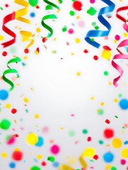 Colorful confetti and streamers falling on a white background with copy space